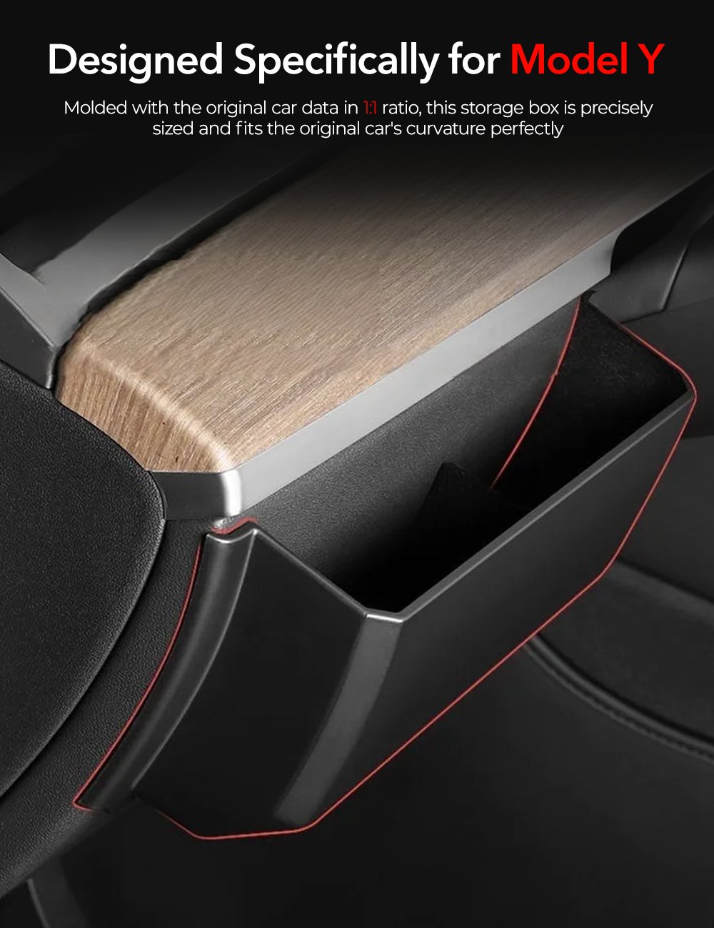 Driver side dash panel storage box for Tesla Model Y and Model 3, designed to fit seamlessly into the vehicle interior.