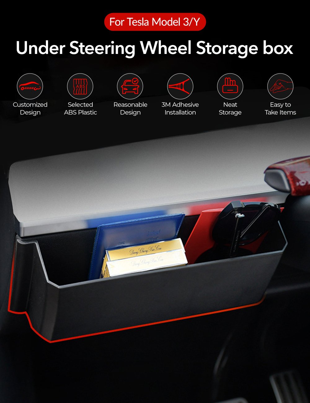 Driver side dash panel storage box for Tesla Model Y and Model 3, Tesery official brand, fits seamlessly into the vehicle interior.