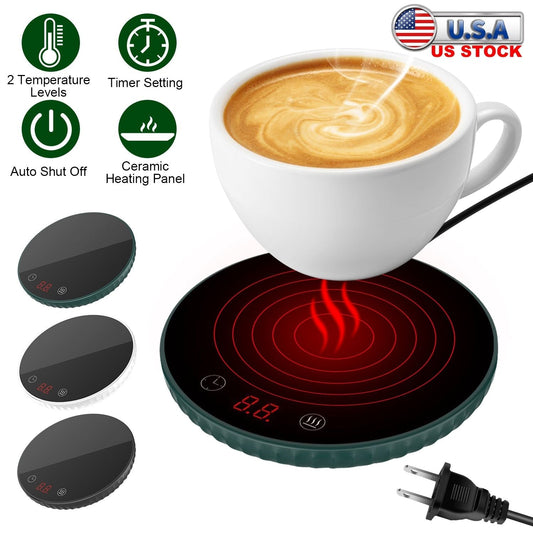 EasyOptionXY desktop electric cup warmer with ceramic heating panel, adjustable temperature, smart timer, and auto shut-off for office or home