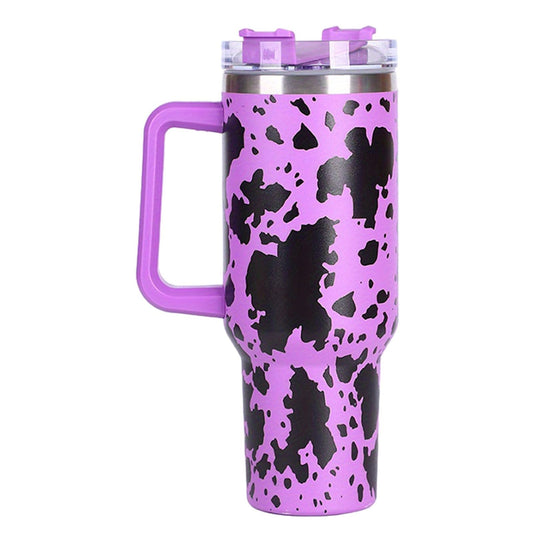 EasyOptionXY 40oz cowprint insulated stainless steel tumbler with handle, straw lid, large capacity, ideal for travel and outdoor use