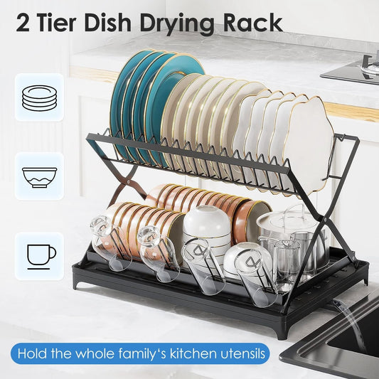 Black 2-tier dish drying rack by EasyOptionXY with cup holder, foldable design, rustproof metal, and drainboard for kitchen countertop.