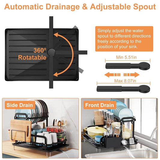 EasyOptionXY 2-tier dish drying rack with drainboard, rustproof kitchen counter organizer, showcasing its compact, space-saving design.