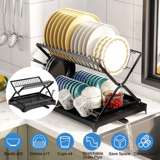 Black 2-tier dish drying rack with cup holder, foldable design, rustproof utensil holder, and drainboard for kitchen countertop.