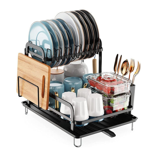 EasyOptionXY 2-tier dish drying rack with drainboard, rustproof kitchen counter organizer, and detachable drainer for drying dishes.