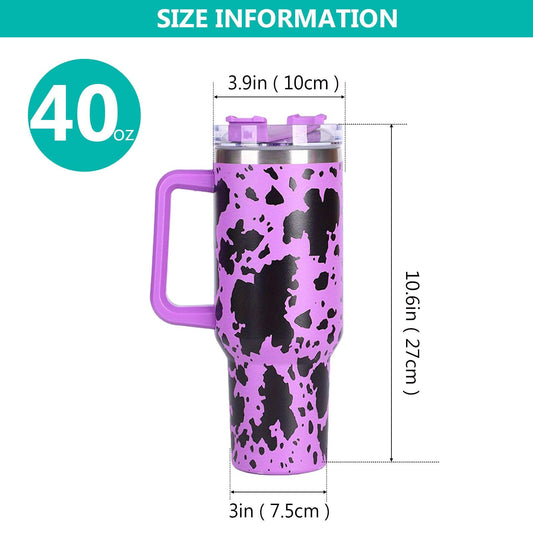 EasyOptionXY 40oz cowprint insulated stainless steel tumbler with handle, straw lid, for outdoor travel, camping, and sports.