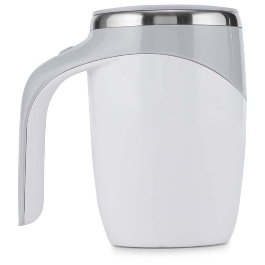 EasyOptionXY CUP A LATTE self-stirring mug with a sleek design, showing the mug with coffee inside and mixing mechanism visible inside.