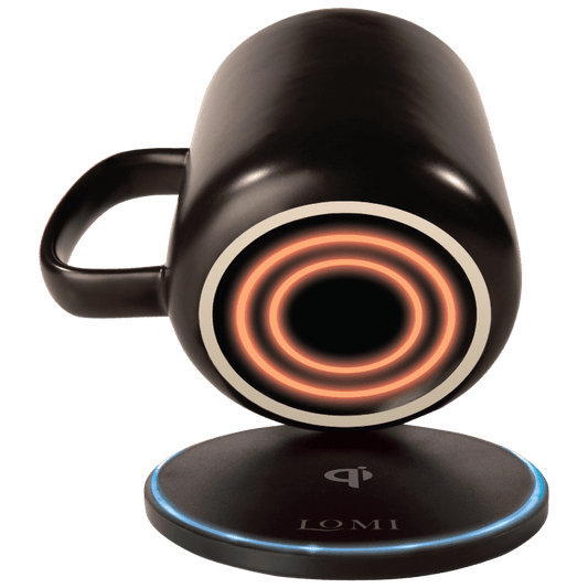 EasyOptionXY 2-in-1 smart mug warmer and QI wireless charger on a desk, showcasing a sleek black device with glowing LED indicators.