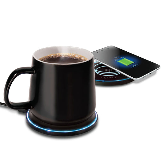 EasyOptionXY 2-in-1 smart mug warmer and QI wireless charger with sleek design for maintaining beverage warmth and charging devices.