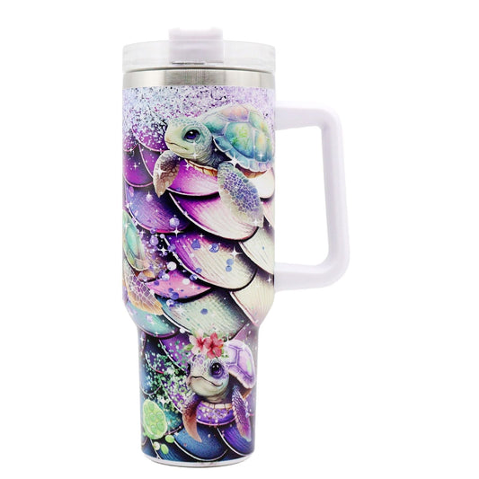 EasyOptionXY 40oz stainless steel water bottle with turtle design, large capacity tumbler with lid and straw for camping and outdoor use.