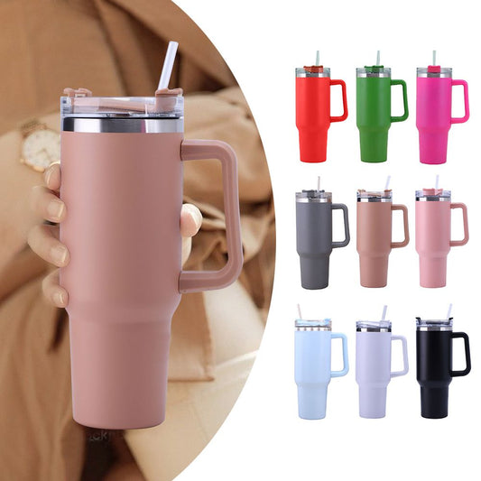 EasyOptionXY 30oz stainless steel travel coffee mug with handle, insulated water bottle, large capacity, and spill-proof lid.