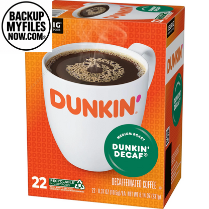 Four packs of Dunkin’ Decaf Medium Roast Coffee Keurig K-Cup pods in a 22-count box, showcasing the coffee pods and packaging.