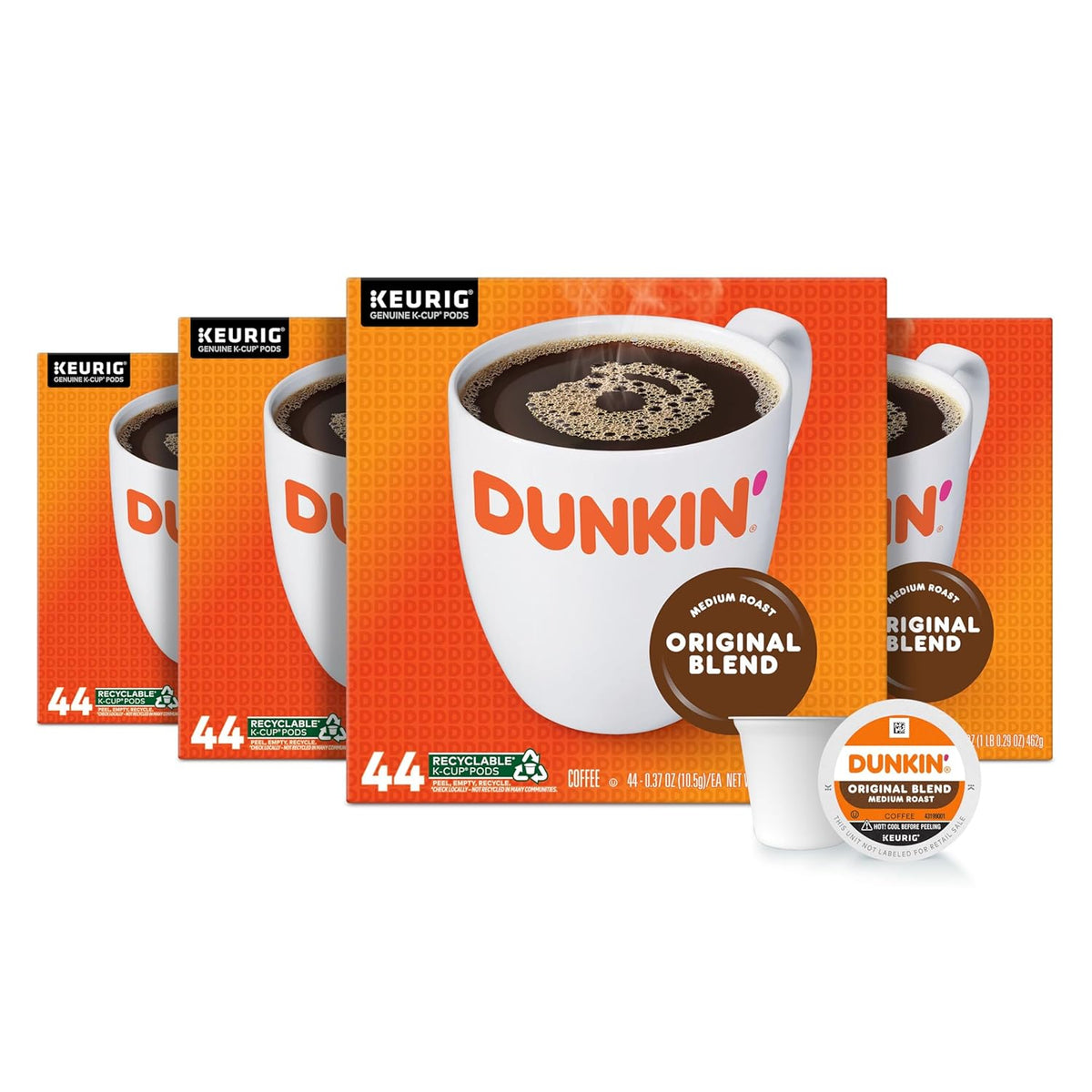 Dunkin’ Donuts Colombian Medium Roast Coffee Keurig K-Cup Pods, 10-count boxes, pack of 6, showing coffee pods and packaging.