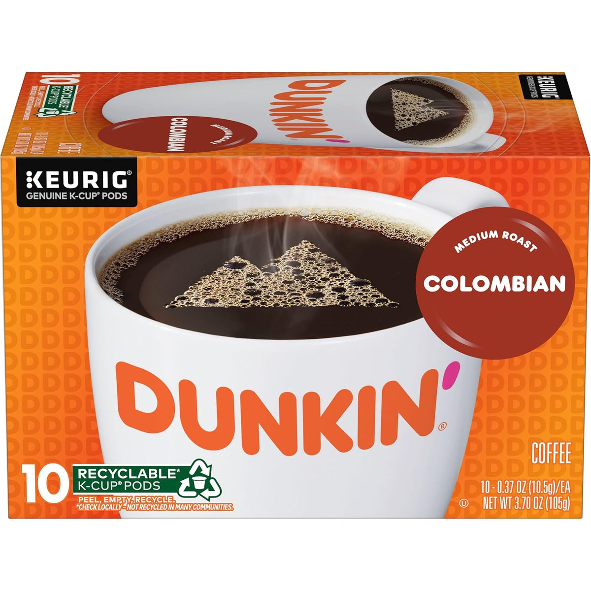 Dunkin’ Donuts Colombian Medium Roast Coffee Keurig K-Cup Pods, 10-count boxes, pack of 6, featuring coffee pods and packaging.