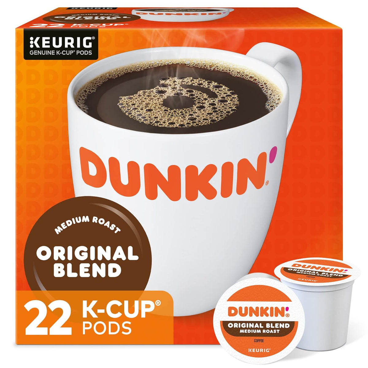 Dunkin’ Donuts Colombian Medium Roast Coffee Keurig K-Cup Pods, 10-count boxes, pack of 6, with coffee cups and pods displayed.