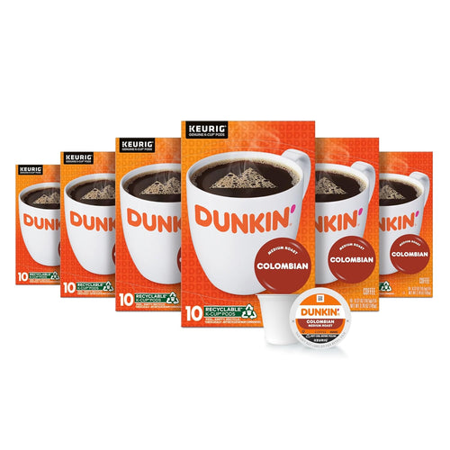 Dunkin' Donuts Original Blend Coffee K-Cup pods in a pack of 22, medium roast, four boxes shown in the image.