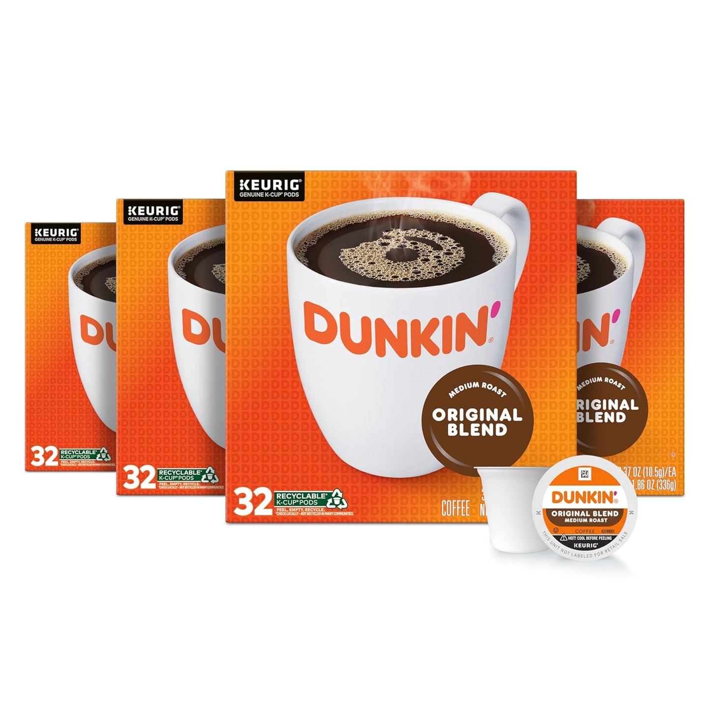 Dunkin' Donuts Original Blend Medium Roast Coffee Keurig K-Cup pods, 22-pack, with coffee cups and branding visible in the image.