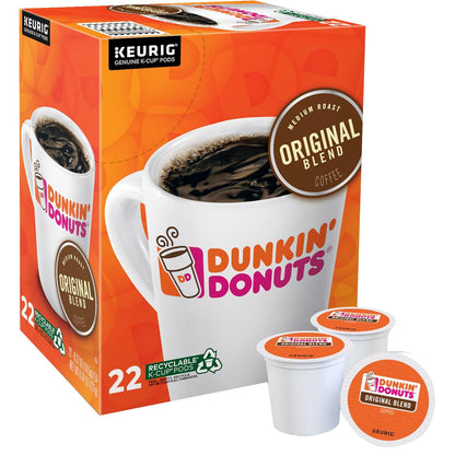 Dunkin' Donuts Original Blend Medium Roast Coffee Keurig K-Cup pods, 22-pack, with coffee cups and packaging