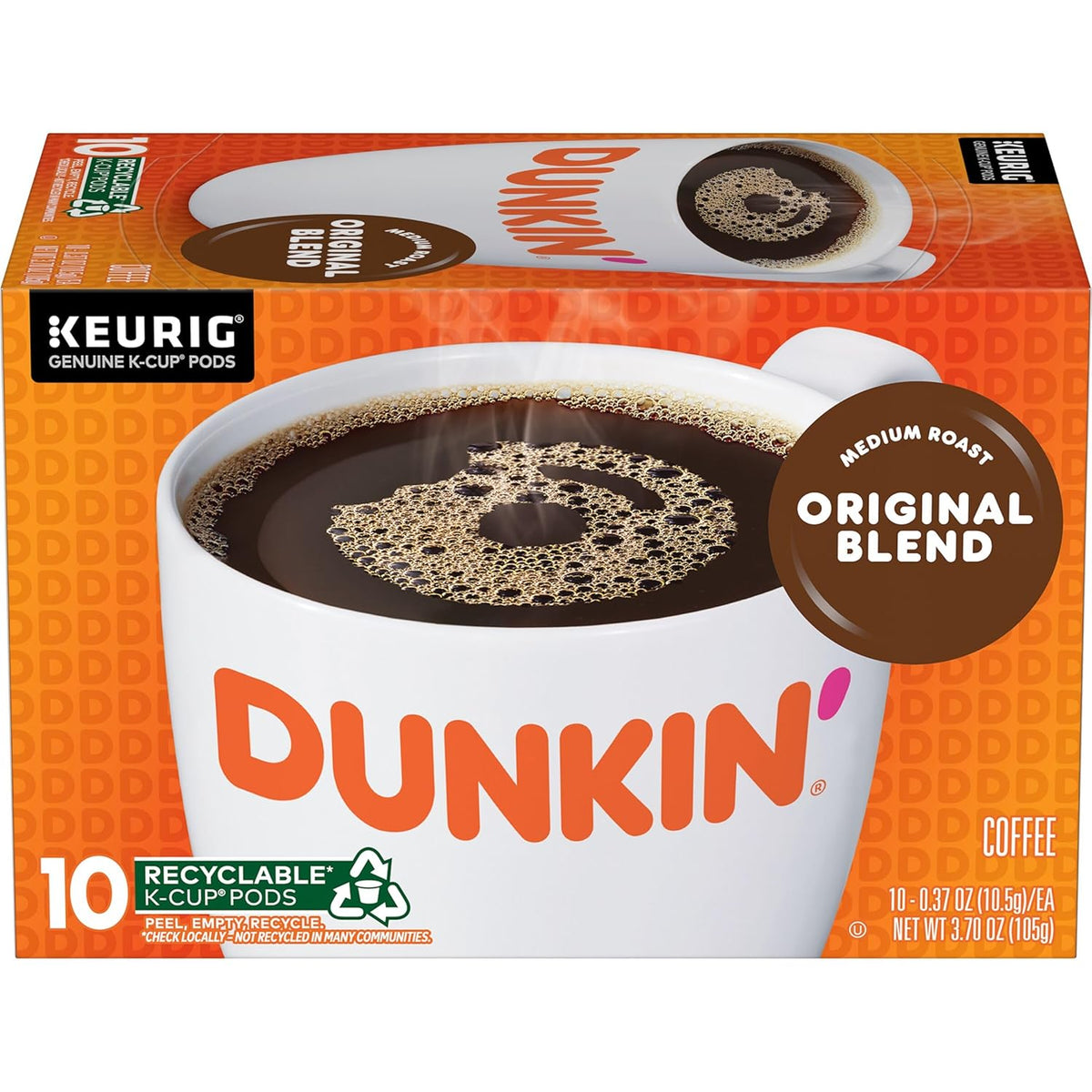 Dunkin’ Donuts Original Blend Medium Roast Coffee Keurig K-Cup Pods, 32-count boxes, pack of 4, with image of coffee pods.