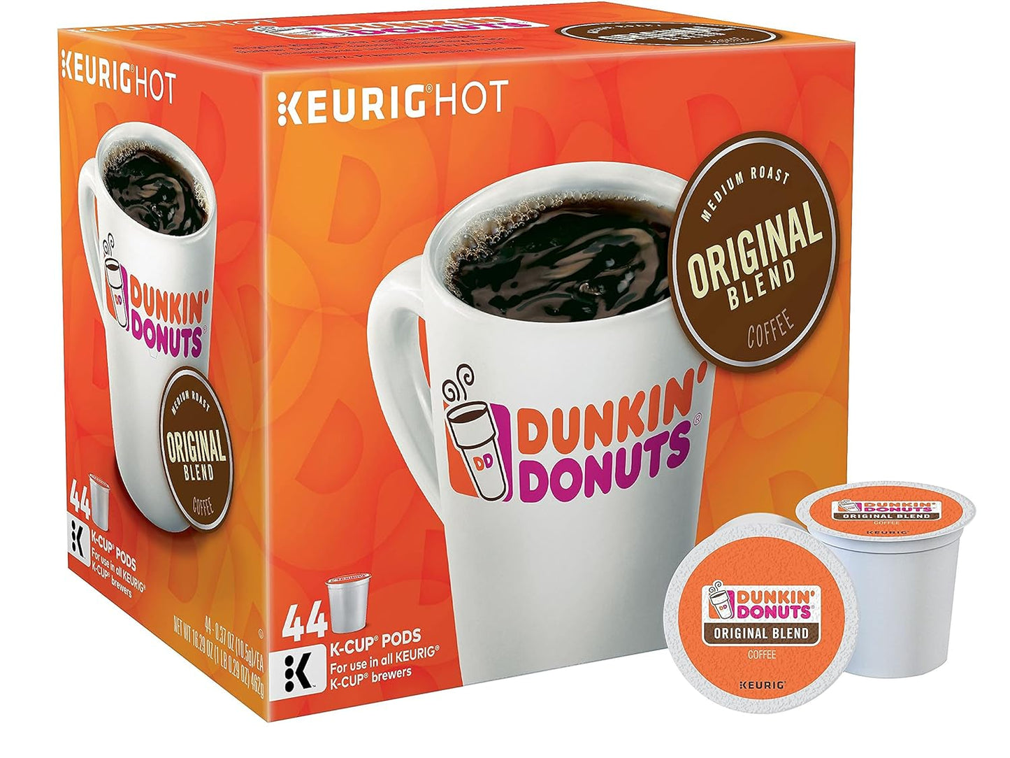 Dunkin' Donuts Original Blend Coffee K-Cup Pods medium roast, 12-pack, designed for Keurig machines, with vanilla flavor.