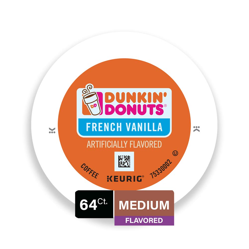 Dunkin' Donuts Original Blend Coffee K-Cup Pods medium roast, 12-pack box with French Vanilla flavor, perfect for Keurig brewers.