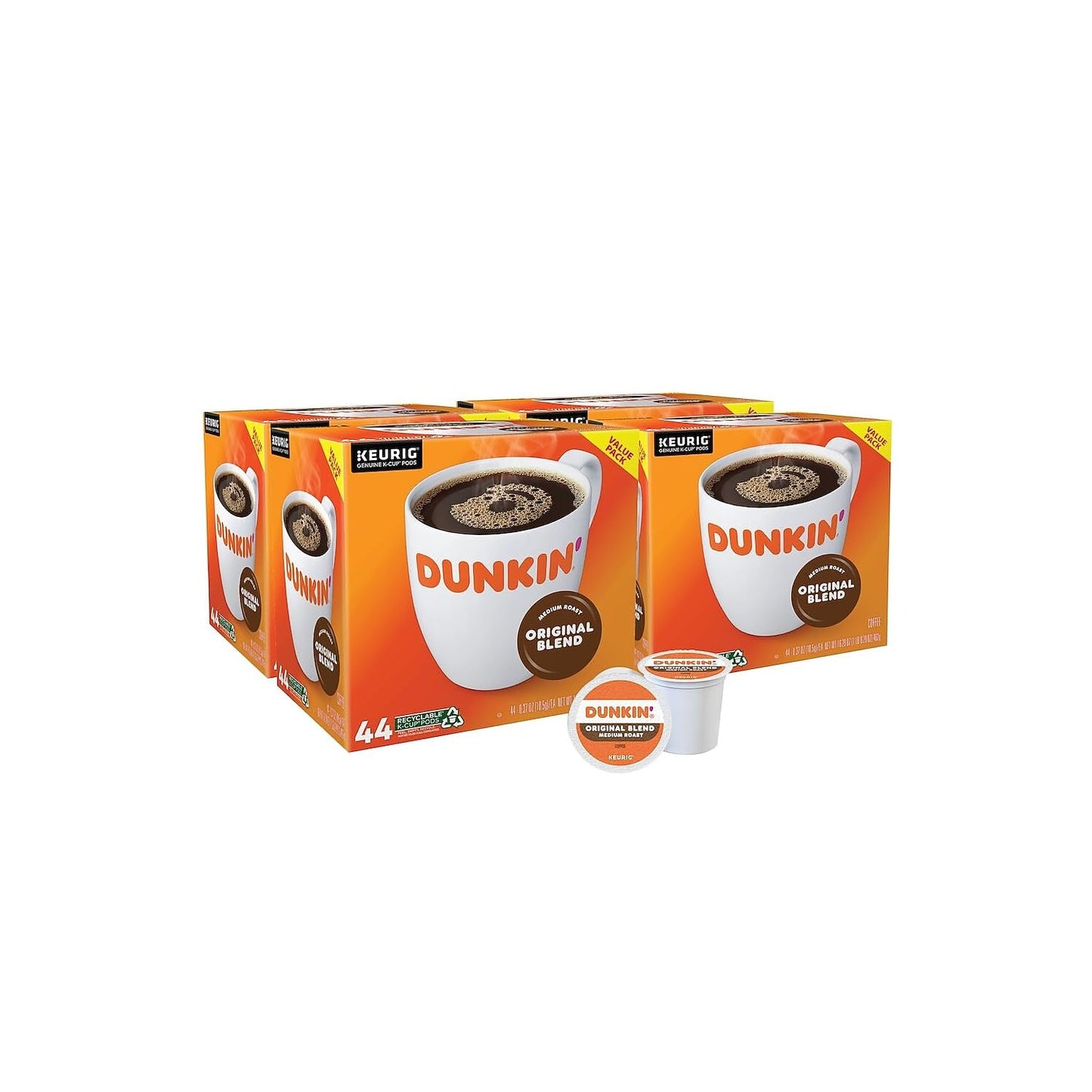Dunkin' Donuts Original Blend Coffee K-Cup Pods in a box of 44, medium roast, with a pack of 12 French Vanilla flavor.