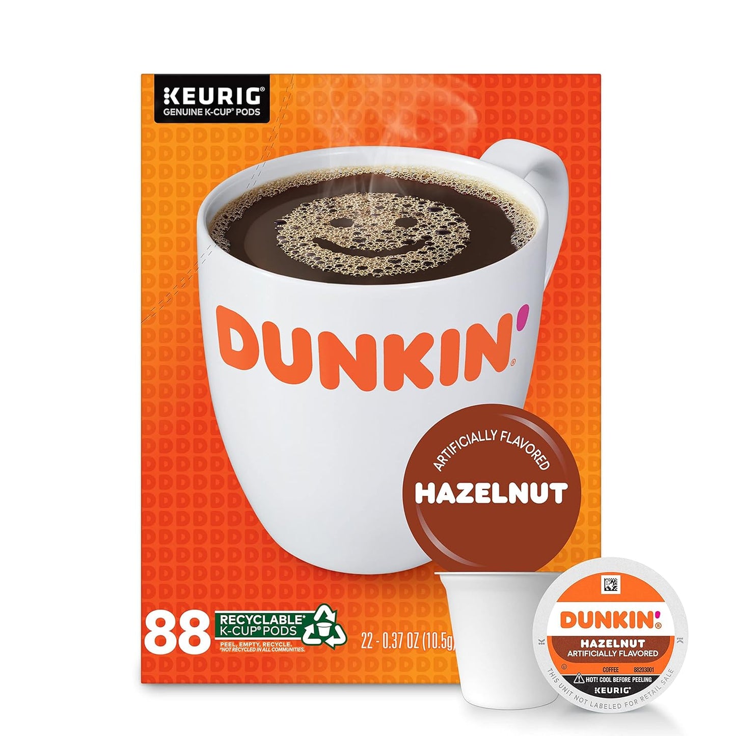 Dunkin' Donuts Hazelnut Flavored Coffee K-Cup Pods for Keurig, 88-count pack, with coffee pods and branding visible.