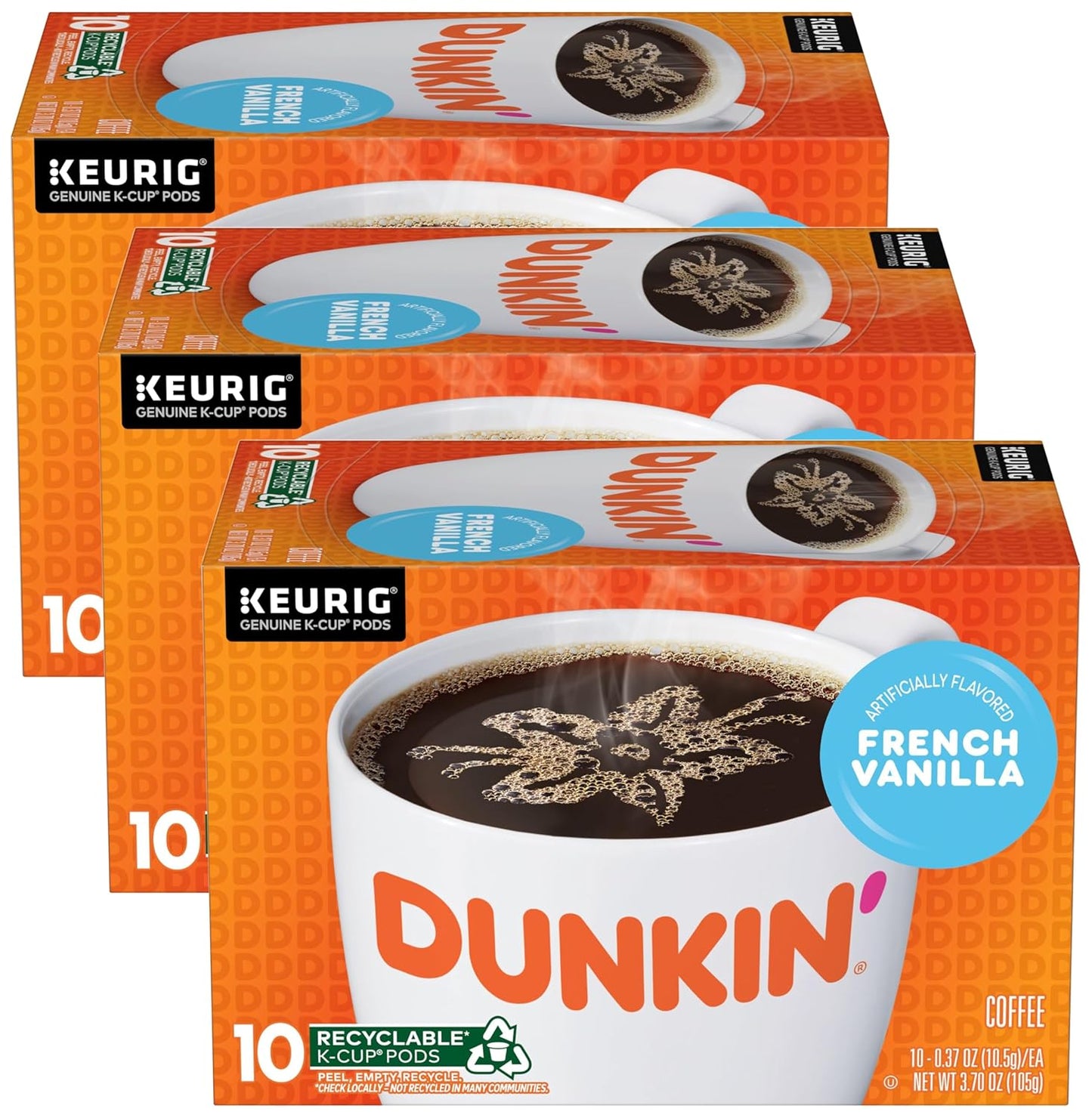 Two packs of Dunkin' Donuts Original Blend K-Cups, 72-count, with French Vanilla flavor, in a 2-pack for coffee brewing.