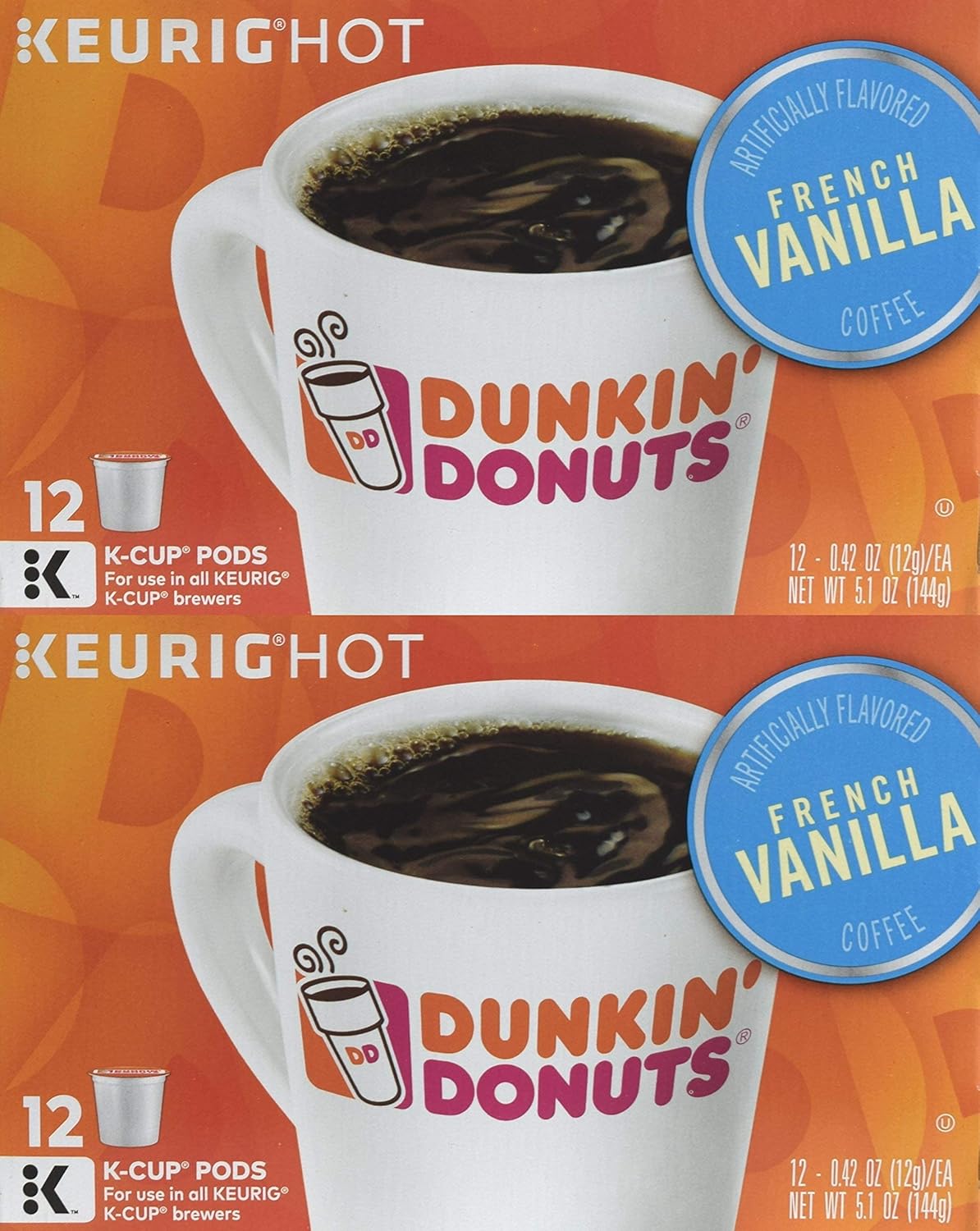 Three packs of Dunkin' Donuts Original Blend K-Cups with French Vanilla flavor, 72 count each, for coffee brewing.