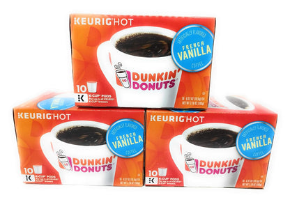 Two packs of Dunkin' Donuts Original Blend K-Cups with French Vanilla flavor, featuring 72 coffee capsules each for Keurig brewers.