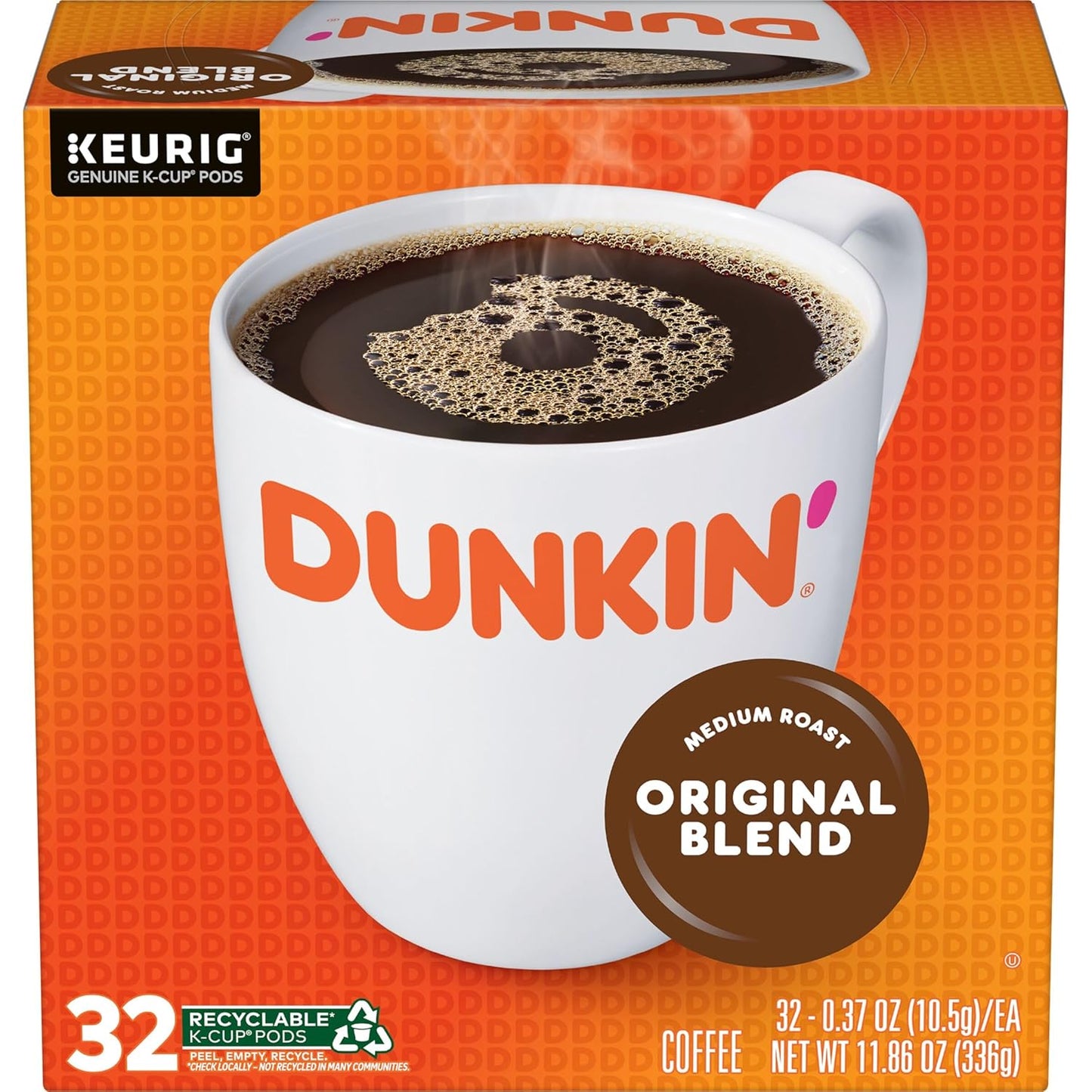 Two packs of Dunkin' Donuts Original Blend K-Cups with 36 capsules each, featuring the Dunkin' Donuts logo on the boxes.