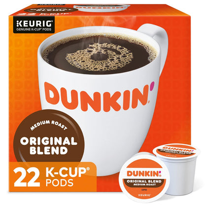 Dunkin' Donuts Original Blend K-Cup Pods, pack of two, with 108 coffee pods for Keurig coffee makers.