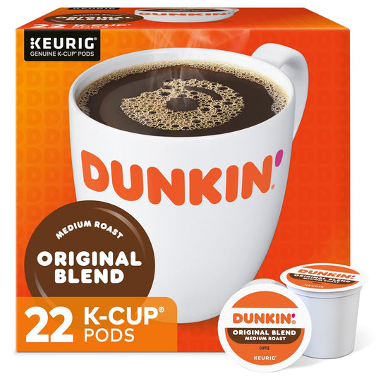 Dunkin' Donuts Original Blend K-Cup Pods, pack of two, with 108 coffee pods for Keurig coffee makers.