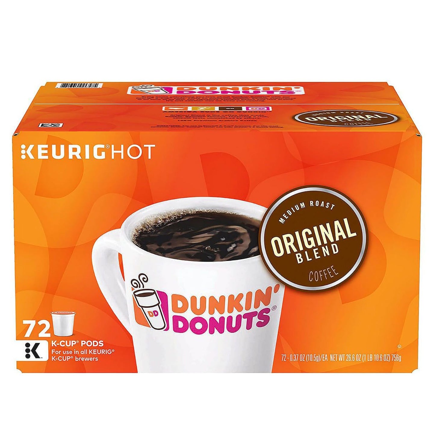 Dunkin' Donuts Original Blend K-Cup Pods, pack of two, with 108 coffee pods, featuring the classic coffee brand and packaging.