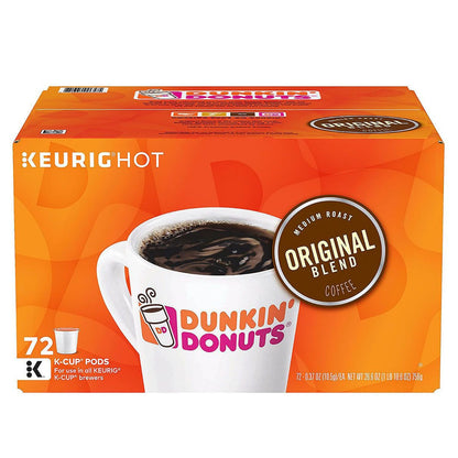 Dunkin' Donuts Original Blend K-Cup Pods, pack of two, with 108 coffee pods, featuring the classic coffee brand and packaging.