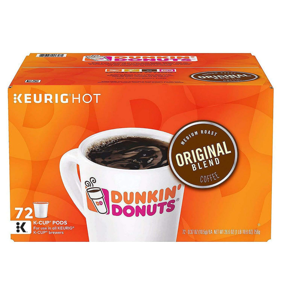 Dunkin' Donuts Original Blend K-Cup Pods, pack of two, with 108 coffee pods, featuring Dunkin' Donuts branding and packaging.