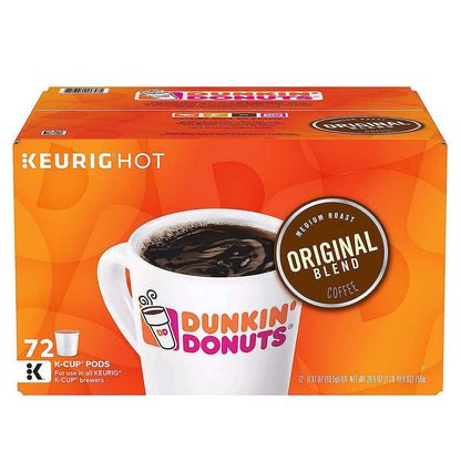 Dunkin' Donuts Original Blend K-Cup Pods, pack of two, with 108 coffee pods, featuring Dunkin' Donuts branding and packaging.