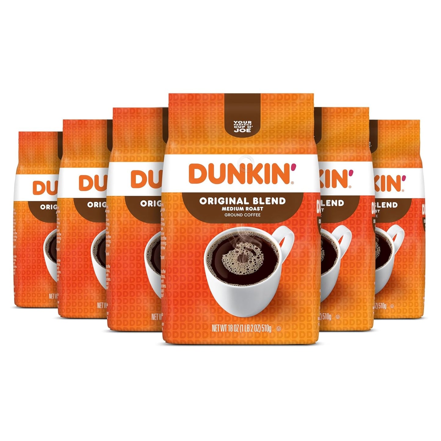 Dunkin' Donuts Original Blend Coffee medium roast in 30 oz packaging, featuring a bag of Dunkin' Donuts coffee.