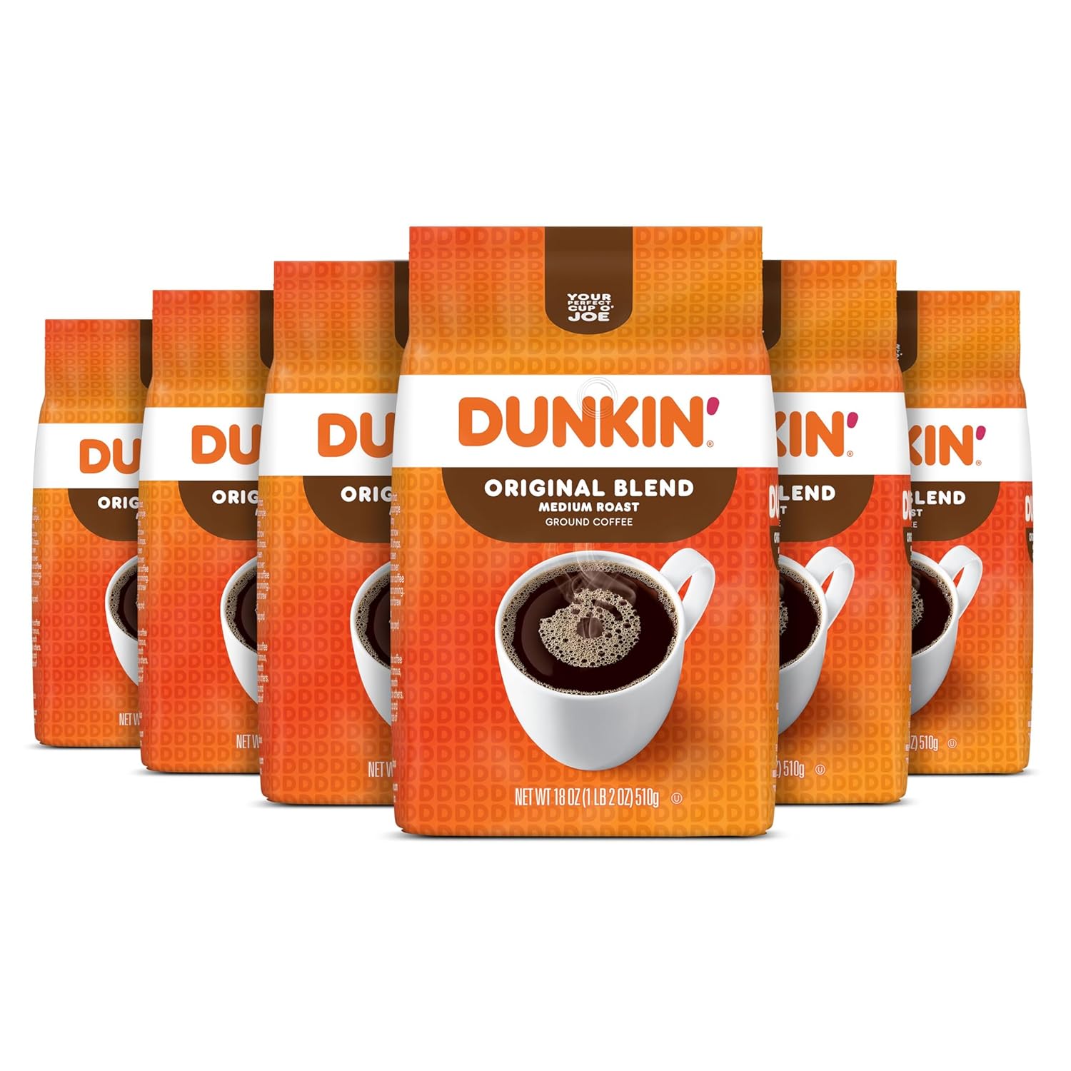 Dunkin' Donuts Original Blend Coffee medium roast in 30 oz packaging, featuring a bag of Dunkin' Donuts coffee.