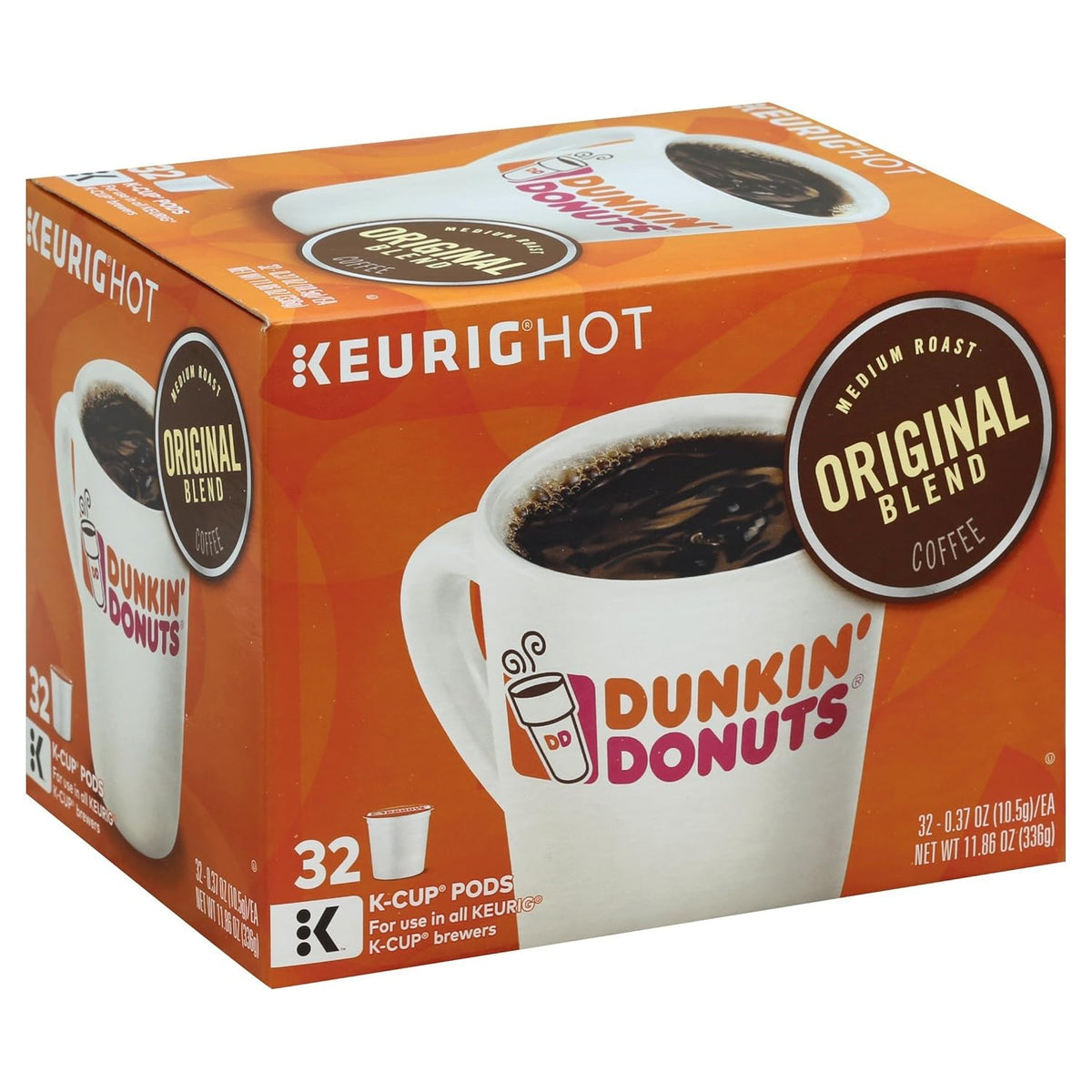 Dunkin' Donuts Original Blend Medium Roast Coffee K-Cups for Keurig coffee makers, 32-count pack.