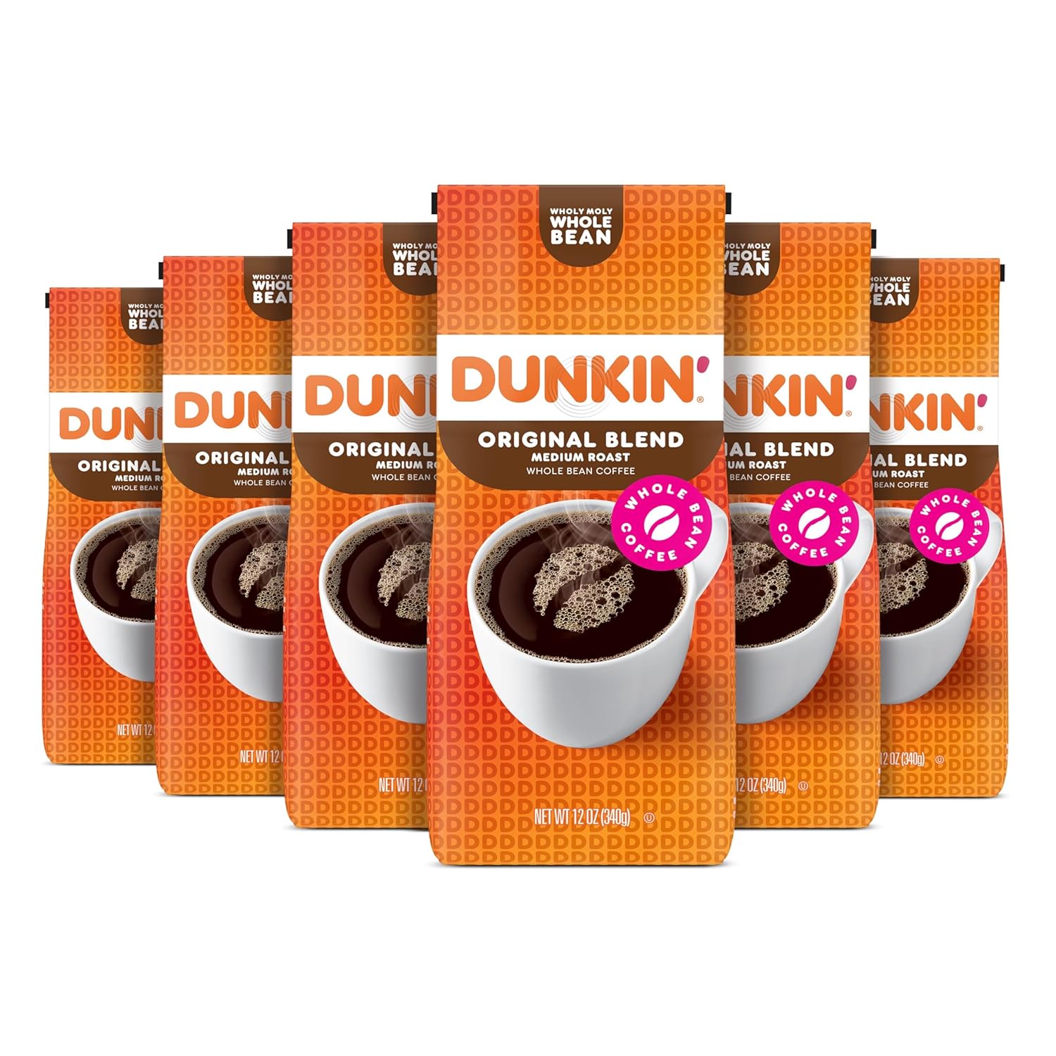 Six 12-ounce bags of Dunkin' Donuts Original Blend Medium Roast Whole Bean Coffee, featuring the branded packaging.