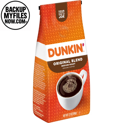 Six 12 oz bags of Dunkin’ Original Blend Medium Roast Ground Coffee, showcasing the coffee bags with branding and label details.