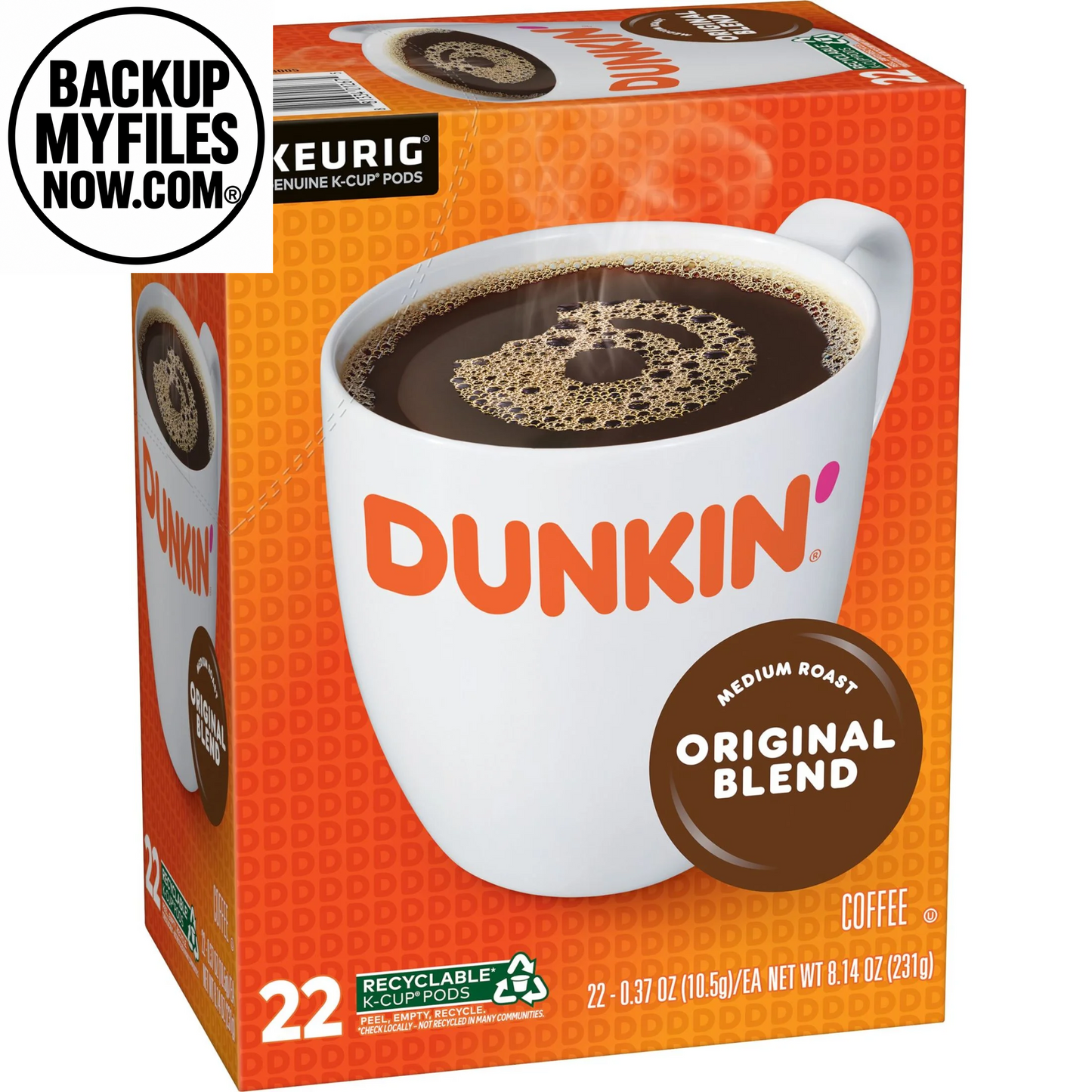 Dunkin’ Original Blend medium roast coffee Keurig K-Cup pods, 22-count box showing coffee cups and packaging.