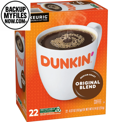 Dunkin’ Original Blend medium roast coffee Keurig K-Cup pods, 22-count box showing coffee cups and packaging.