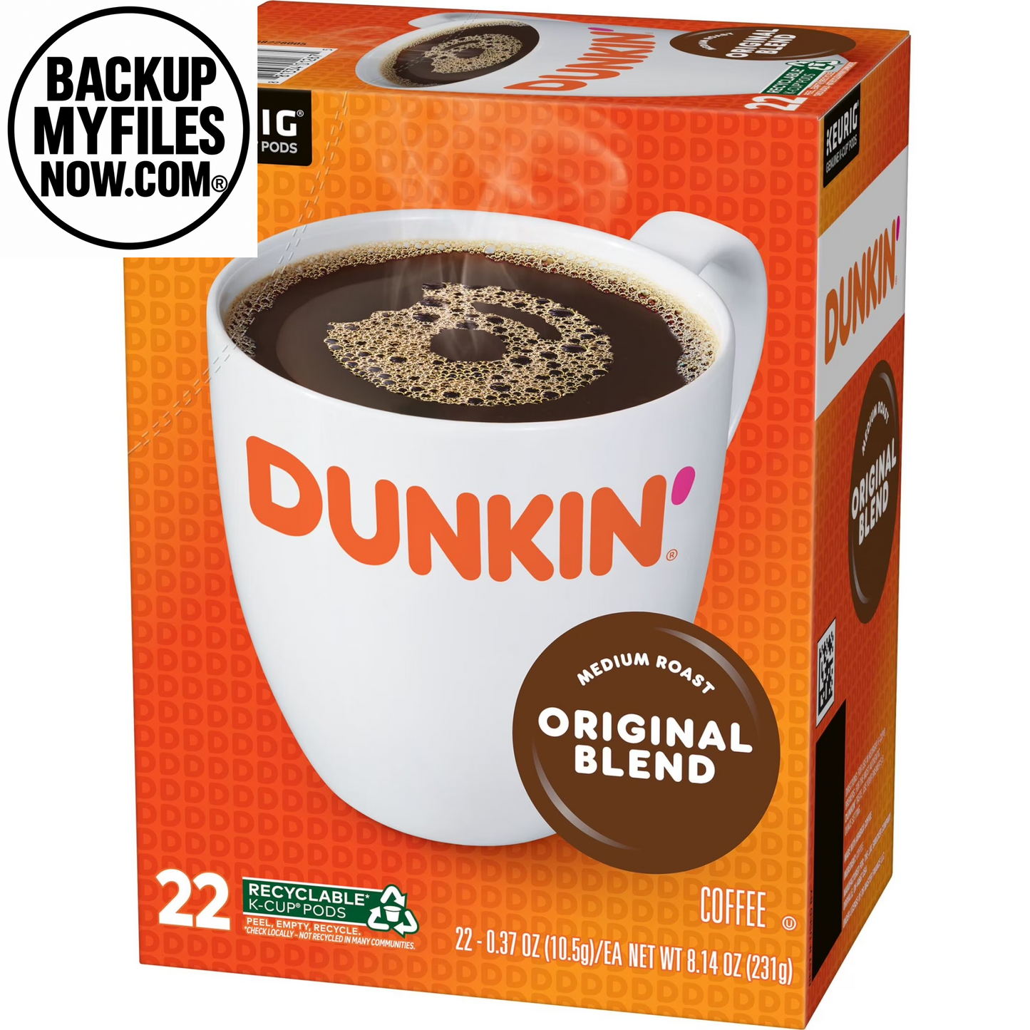 Dunkin' Original Blend medium roast coffee Keurig K-Cup pods, 22-count box, brewed coffee and coffee grounds in the image.
