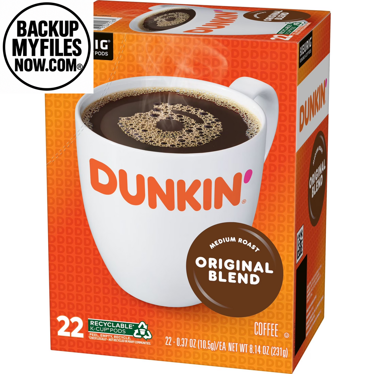 Dunkin' Original Blend medium roast coffee Keurig K-Cup pods, 22-count box, brewed coffee and coffee grounds in the image.