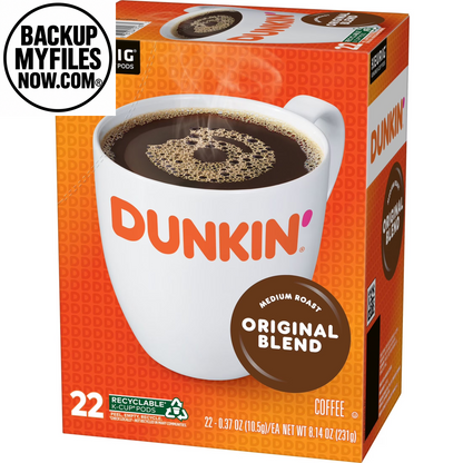 Dunkin' Original Blend medium roast coffee Keurig K-Cup pods, 22-count box, brewed coffee and coffee grounds in the image.