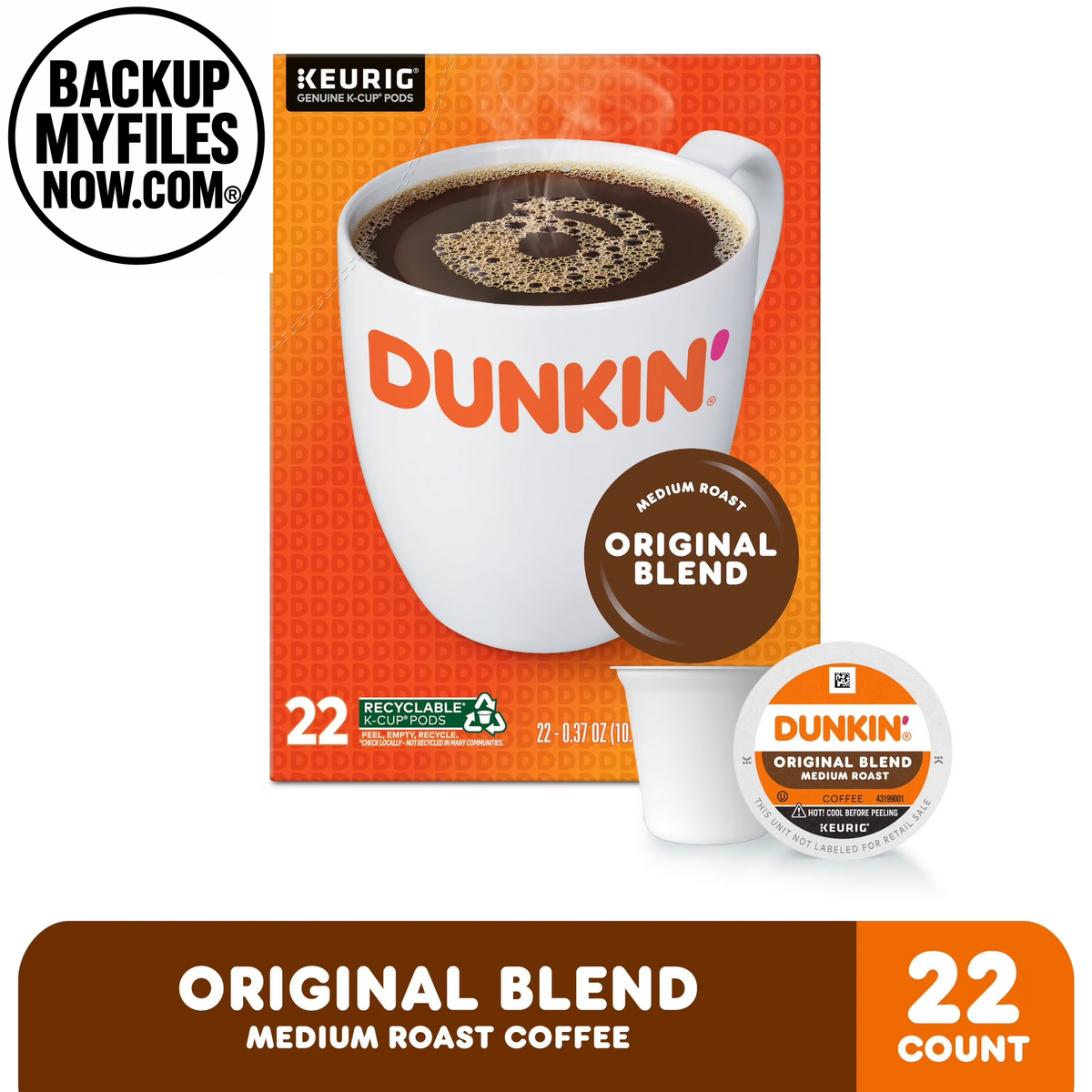 Dunkin’ Original Blend Medium Roast Coffee Keurig K-Cup Pods, 22-count box showing the coffee packaging and pods.