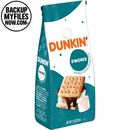 Six 11 oz bags of Dunkin’ S’Mores flavored ground coffee from Dunkin’, featuring packaging with coffee beans and S’Mores flavor images.