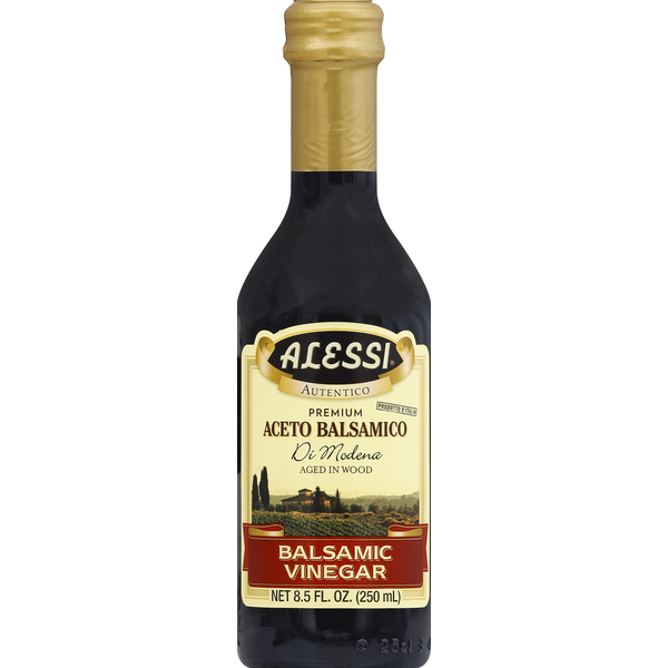 Balsamic vinegar from Alessi Di Modena displayed in a glass bottle on a white background