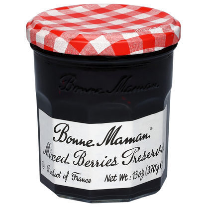 Jar of Bonne Maman Mixed Berries Preserves with a white lid and label, showcasing the colorful berry mixture inside.